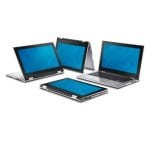 Four Dell Inspiron 11 3000 Series 2-in-1 touch notebook computers (Model 3147), grouped together in various configurations, 3 in tablet mode, one in laptop mode.