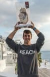 Aleksandar Baiturin of Russia poses for a portrait with his trophy (mans the best trick) after the finals at the "Red Bull Art of Motion" freerunning competition on Santorini Island, Greece on October 4, 2014. // Predrag Vuckovic/Red Bull Content Pool // P-20141004-00241 // Usage for editorial use only // Please go to www.redbullcontentpool.com for further information. //
