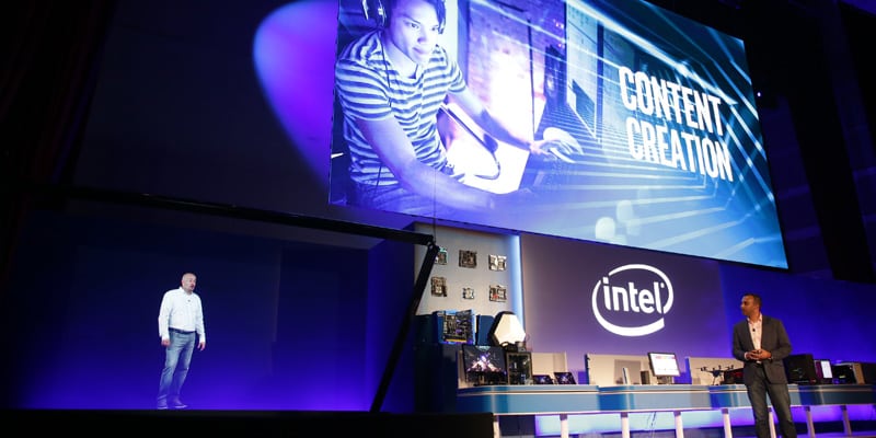 Gregory Bryant, Intel corporate vice president, joins Navin Shenoy via hologram at Computex 2016. The hologram was powered by the new Intel® Core i7 Extreme Edition processor. At Computex 2016, Intel showcases how boundaries of computing are expanding as billions of smart and connected devices deliver new experiences, data-rich services and breakthrough insights. Computex is May 31 to June 4, 2016, in Taipei, Taiwan. (Credit: Intel Corporation)